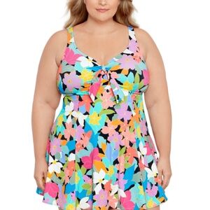 Swim Solutions Plus Size Tummy Control Bow-Front Printed Swimdress, Floral